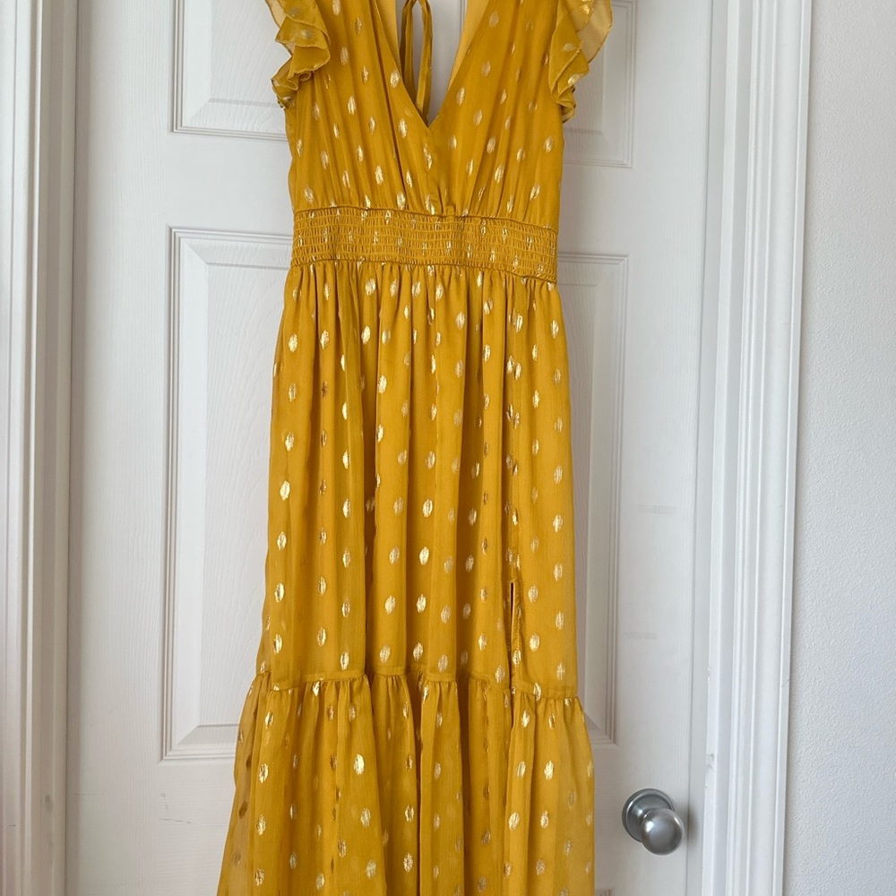 Lulu's Yellow and Gold Polka Dot Midi Dress S